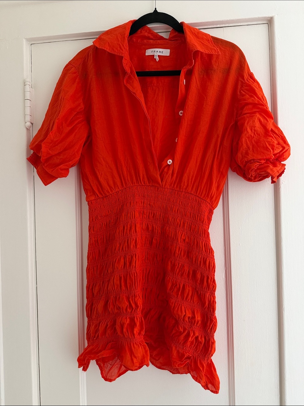 Frame Denim Bright Orange Ruched Short Sleeve Tunic